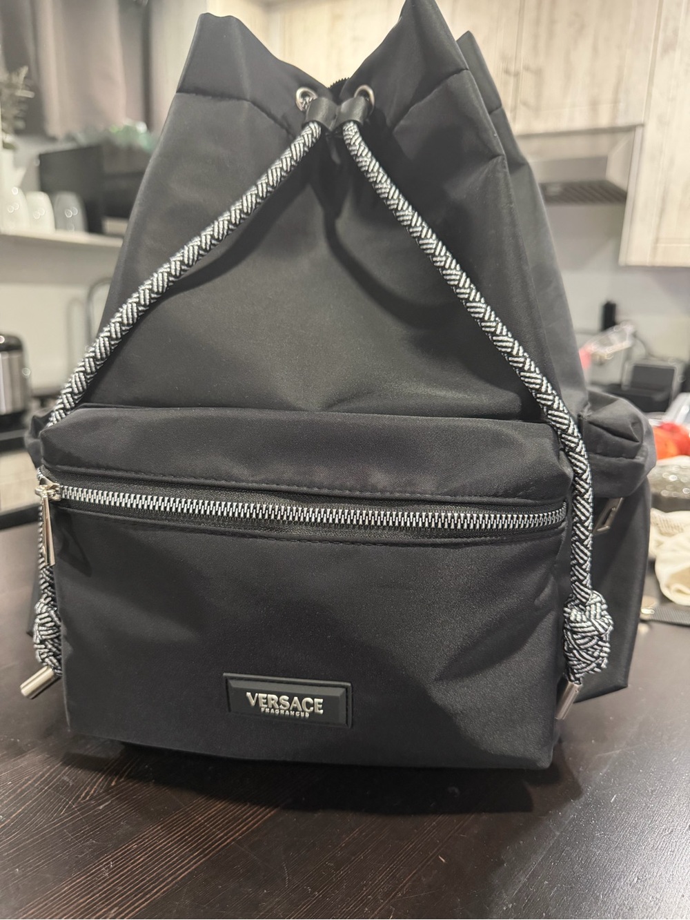 Versace Black Drawstring Backpack with Contrasting Rope